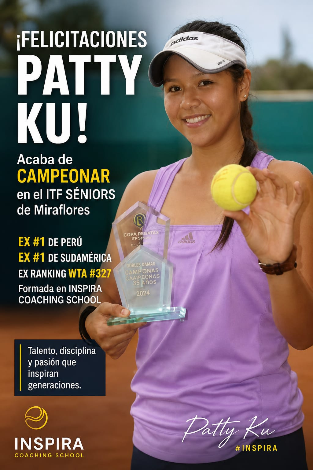 Pieza gráfica de Patty Ku con su trofeo de campeona